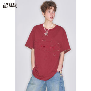 ELFSACK 2025 Spring New Arrivals Y2K Red Heart Embroidery Short Sleeve T-shirt Women Loose Oversize Casual Top