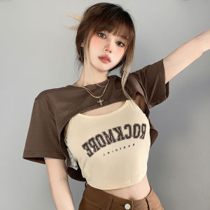 เสื้อยืดแขนสั้นชุดสองชิ้นเสื้อผ้าสตรีวินเทจสไตล์ยุโรปและอเมริกาพร้อมการออกแบบการพิมพ์ที่ไม่ซ้ําใคร