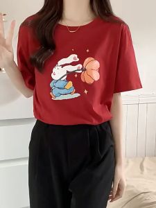 เสื้อยืด เสื้อยืดคอตตอน ลายกระต่ายถือดอกไม้ น่ารัก ๆ มี 2สี