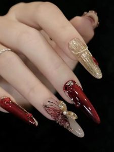 New Year Good Luck Butterfly Dance Nail Wear Ice Transparent Red with Diamond Steel Ball Butterfly Knot Chinese Style Holiday Nails