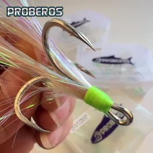 Proberos 10 Chiếc Jigging Assist Treble Hooks Thép Carbon Cao Cấp Có Gai Móc Câu Cá Trên Thuyền Đại Dương Với Lông Vũ Tinsel Được Gia Cố Dày Lên Ba Móc