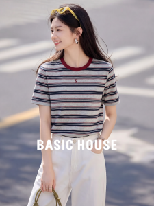 Basic House | Color Block Stripe Round Neck Straight Shoulder Short Sleeve T-shirt