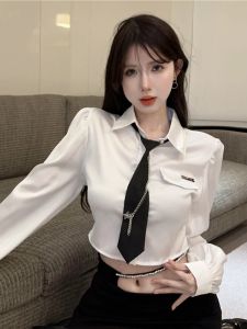 Fall New Style Korean Spicy Girl Personality POLO Collar Bubble Sleeve Shirt Women Pure Desire White Short Shirt with Tie