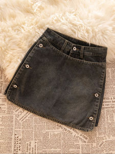 กระโปรงยีนส์สั้นเอวสูงทรงเอเข้ารูปสำหรับผู้หญิงในช่วงฤดูร้อน ทรงเข้ารูป เดรสยาวคลุมเข่าผ้าเดนิมบาง สไตล์เรียบง่าย