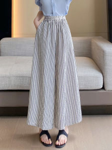 กางเกงขายาวทรงหลวมเอวสูงลายทางย้อนยุคสำหรับฤดูร้อน กางเกงขายาวทรงสลิมฟิตสำหรับผู้หญิง กางเกงขายาวทรงเอวสูงแบบบาง ทรงลำลอง สไตล์ญี่ปุ่น