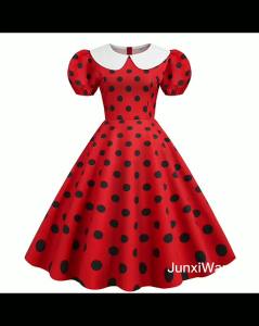 Elegant Women Summer Dress: Puff Short Sleeve Polka Dot & Vintage A-Line Midi Sundress
