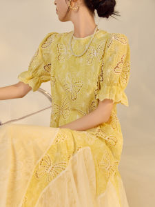New Chinese Style Summer Butterfly Embroidery Dress Womens Hollow out Lace Splicing Long Dress Soft Polyester Loose Fit H Type