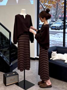 XUECAIQI | Elegant and Attractive Winter Set Fashion Knit Sweater Stripe Midi Skirt Combo