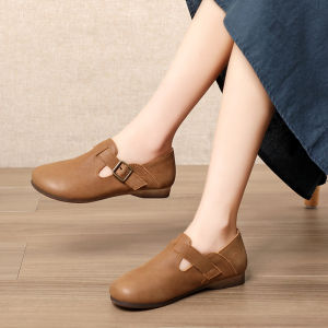 Handmade Flat Bottom round Toe Womens Shoes Retro Style Casual Leather Slip-On Buckle Single Shoes Comfortable Soft Sole