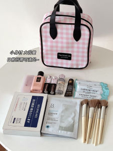 Large Capacity Plaid Cosmetic Bag Portable Travel Handbag for Business Trips Skin Care Product Organizer Makeup Brush Holder