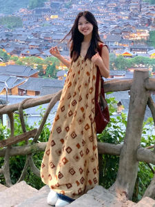 WNVSI | Bohemian V-neck Strap Dress Women Summer 2025 New Beach Vacation Dopaamine Print Long Dress Casual Style Sleeveless Polyester Fiber