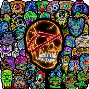 50/100Pcs Halloween Funny Neon Skull Stickers Waterproof for Helmet Skate Car Suitcase Cup File Folder Drawer Storage Box Decal
