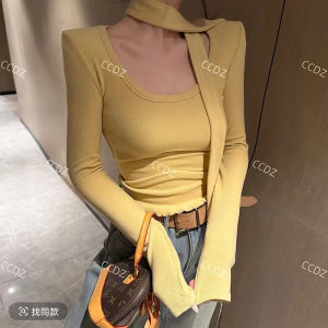 Áo Thun Dài Tay Mùa Thu Phong Cách Cổ Chữ U Thiết Kế Hai Mặt Lông Cừu Ôm Vừa Vặn Gợi Cảm Thời Trang Áo Thun Nữ