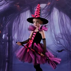 Uniqkids 5 in 1 Set Witch Halloween Costume Party Fancy Wizard Witch Cosplay Kids Costume Witch Dress for Kids Girl
