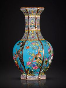 จิตรกรรมเคลือบอีนาเมลสีน้ำเงินขนาดใหญ่ วัสดุเซรามิก เครื่องประดับตกแต่งห้องนั่งเล่นสไตล์จีนใหม่ ชั้นวางของสำหรับดอกไม้ งานฝีมือ