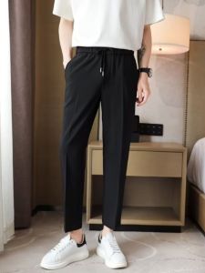 Spring Summer Mens Slim Fit Black Casual Pants Thin Drape Anti-Wrinkle Elastic Nine-Piece Small West Pants Daily Wear
