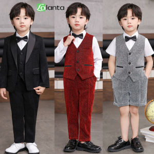 LOlanta ชุดกำมะหยี่ทางการของเด็กผู้ชายชุดเสื้อเสื้อกั๊กสีแดงกางเกงชุด1-13Years ใส่ไปงานเลี้ยงคริสต์มาสวันเกิดแต่งงาน