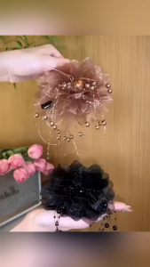 KW SHOP Hair Claw with Pearl Beads and Tulle Flowers in Brown and Black for Elegant Updos