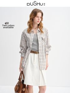 DUSHU | Slim Fit Plaid Bag Flap Corded Womens Shirt Loose