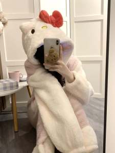 Adorable Hellokitty Coral Fleece Sleepwear Women Winter New Cartoon Robe Thickened Long Home Clothes Home Comfortable Pyjamas