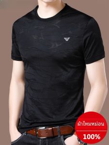 เสื้อยืดแขนสั้นผ้าไหมไหมน้ำแข็งบางสำหรับผู้ชาย ฤดูร้อน แฟชั่น ลำลอง สีพื้น คอกลม ทรงหลวม แบรนด์ GABBANIE