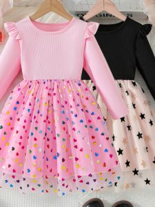 Princess Skirt for Girls Baby Toddler Childrens Mesh Dress Spring Autumn Cotton Polyester Blend Long Sleeve mid Waist