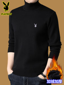 Playboy Mens High Collar Fleece Lined Knitted Wool Sweater Winter Warm Casual Solid Color Knitwear Fashion Urban Style