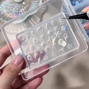 1Pcs 3D Summer Ocean Silicone Nail Mold Mixed Starfish Shell Seahorse Conch Mermaid Tail Charms Stencils DIY Manicure Mold Tools