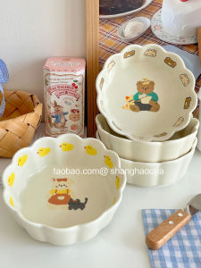 INS South Korea Cute Bear Flower Bowl Breakfast Oatmeal Bowl Yogurt Bowl Ceramic Tableware Household Fruit Salad Bowl