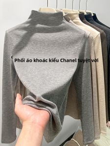 MiiOW | Áo len dệt kim cổ cao màu xám cho nữ mùa thu đông mới về Áo sơ mi dài tay cổ tròn thường ngày chất liệu polyester