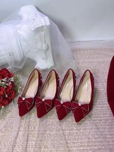 7Li2024 Autumn New Fashion Sweet Wedding Shoes Bow Pearl Pointed Toe Side Empty High Heels Stiletto Heel Pumps Women