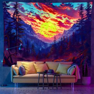 VIKAMA Neon Mountain Sunrise Wall Tapestry Forest Landscape Colorful Home Decor Lightweight Soft Durable Cozy Aesthetic Gift