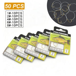 Bộ 50 Móc Câu Cá Chép FTK 1 # -8 # Dây Câu Cá Chép Nước Ngọt Đã Buộc Sẵn Mạ Vàng Thép Carbon Cao Cấp Dài 70cm