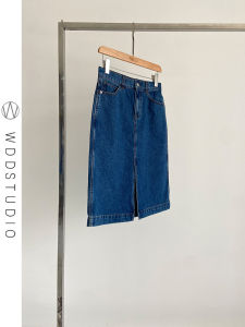 ทันสมัย สูง เอว ขาตรง ความยาวปานกลาง เดนิม มินิ กระโปรง มีสไตล์แยกเดินทางคลาสสิก ผ้าฝ้าย สีทึบ กระโปรง