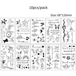 10 Sheets English Letter Fake Tattoo for Women Flower Butterfly Temporary Tattoos for Hand Body Art Moon Star Tattoo Stickers