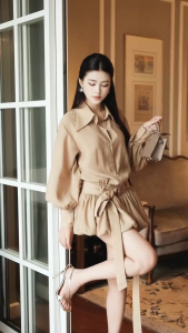 Đầm ngắn Khiết Style cổ sơ mi phối chân váy xòe bồng bềnh kèm dây thắt lưng phong cách thanh lịch KD360