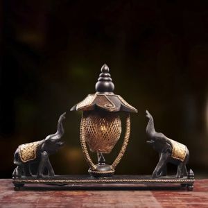 โคมไฟแกะสลัก ของตกแต่ง โคมไฟประดับ โคมไฟไม้ตั้งโต๊ะ ไฟส่องสว่างรูปทรงช้าง สีโอ๊ค