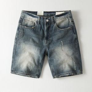 Retro American Style Mens Cotton Jeans Shorts Distressed Five-Quarter Straight Leg Fit Summer Fashionable Casual Trousers