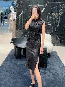 Elegant Slimming Chinese Style Silk Polka Dot Embroidered Dress Summer New Arrival Womens Long Dress Natural Waist Design Fly Sleeve