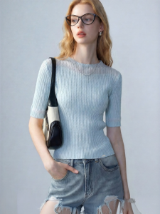 Soft Semi-sheer Summer Slimming Easy-to-match Knitwear 5/8 Sleeve