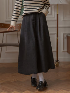 สีดำ ล้าง เดนิม ทรงเอ ร่ม กระโปรง สไตล์ฝรั่งเศส สูง เอว กระโปรงยาวปานกลาง เนื้อลิ้นจี่ลิ้นจี่ ฤดูหนาว วินเทจ กระโปรง