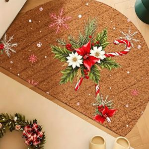 VIKAMA Semicircle Xmas Doormat Poinsettia Holly Berry Candy Cane Non Slip Entryway Mat For Front Door Holiday Home Decoration