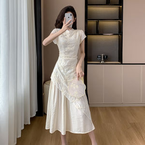 Váy Dài Cổ Đứng Thêu Kiểu Trung Quốc Mới Cho Nữ Mùa Hè Không Đều Đinh Tán Váy Dài Không Tay Áo Cotton Polyester