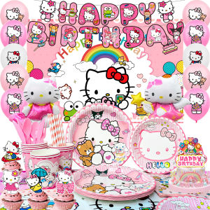 Sanrio Hello Kitty ของตกแต่งวันเกิด 124 ชิ้น Hello Kitty Party ตกแต่งและบนโต๊ะอาหาร - Kitty แผ่นฉากหลังบอลลูนแบนเนอร์ฯลฯ