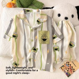 Boys Cotton Pajamas Short Sleeve Thin Home Clothes Set Cartoon Print Comfortable Breathable Summer Sleepwear for Kids And Teens