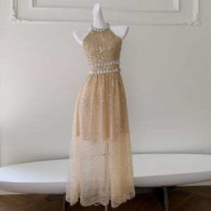 Elegant Long Evening Gown with Sequins Heavy Embroidery Neck Hanging Design Fairy Dress Wedding Dress for Women under 25