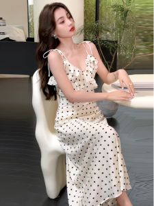 French Vintage White Polka Dot V-neck Dress Women Summer High-end Loose Fluffy Sleeve Long Dress Slimming A-line Gown