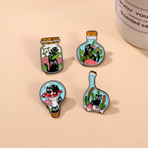 Cute Cartoon Black Cat Enamel Brooch Creative Animal Glass Bottle Water Grass Lapel Pin Badge Backpack Clothing Hat Accessories