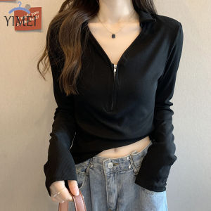YIMEI Áo Thun Dài Tay Cổ Chữ V Có Khóa Kéo Thiết Kế Mùa Thu Áo Thun Nữ Mỏng Và Cẩn Thận Dễ Phối Đồ Lớp Trên Dưới Gợi Cảm