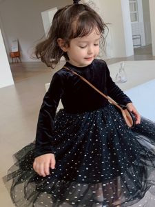 Girls Fleece Lined Velvet Dress Sparkling Princess Skirt Long Sleeve Winter Fashion Korean Style Baby Toddler Kids Dress